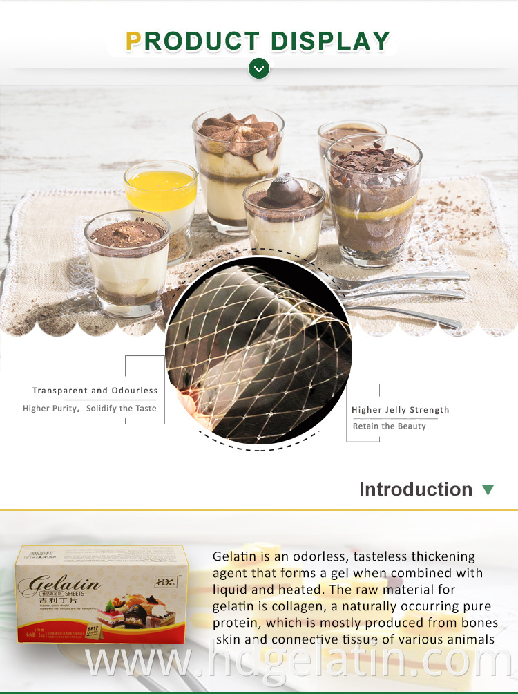 High bloom manufacturer edible gold halal leaf used for dessert gelatin sheet